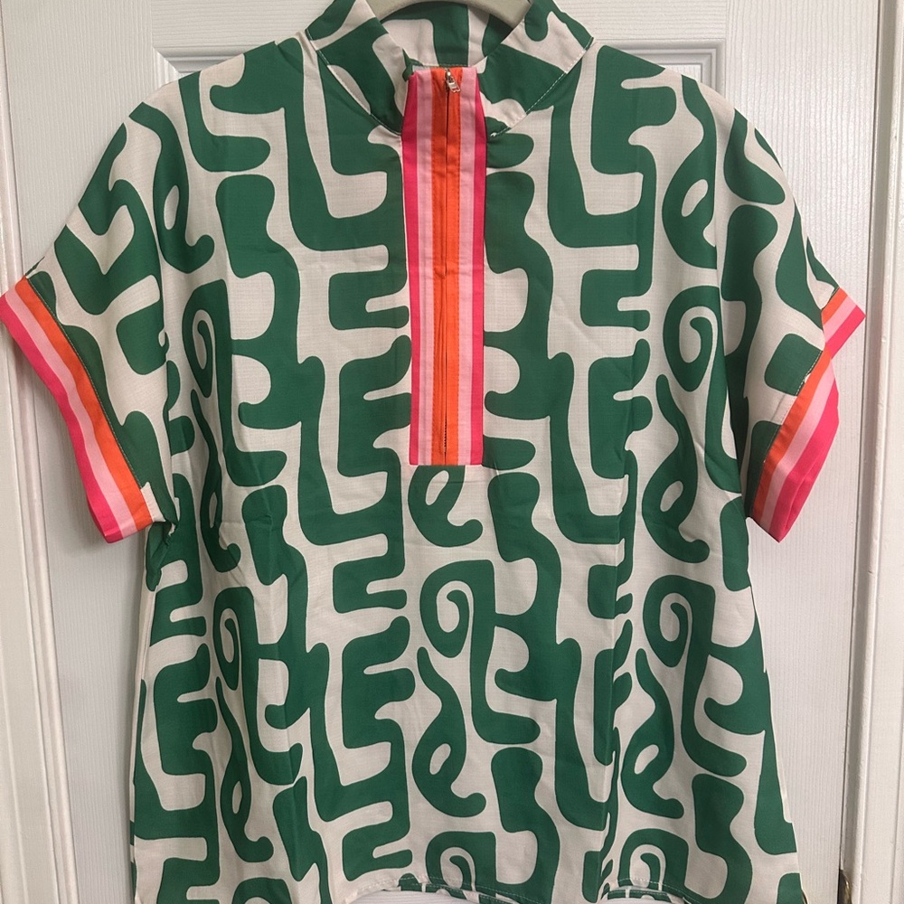 Green and White Geometric Blouse with Retro Flair